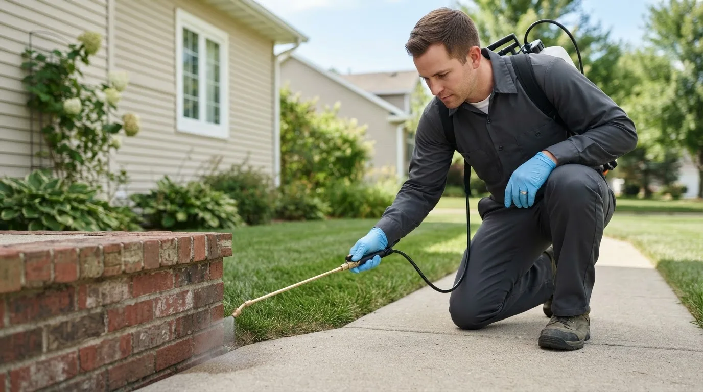 Pest control technician treating a home near Massapequa Park, NY